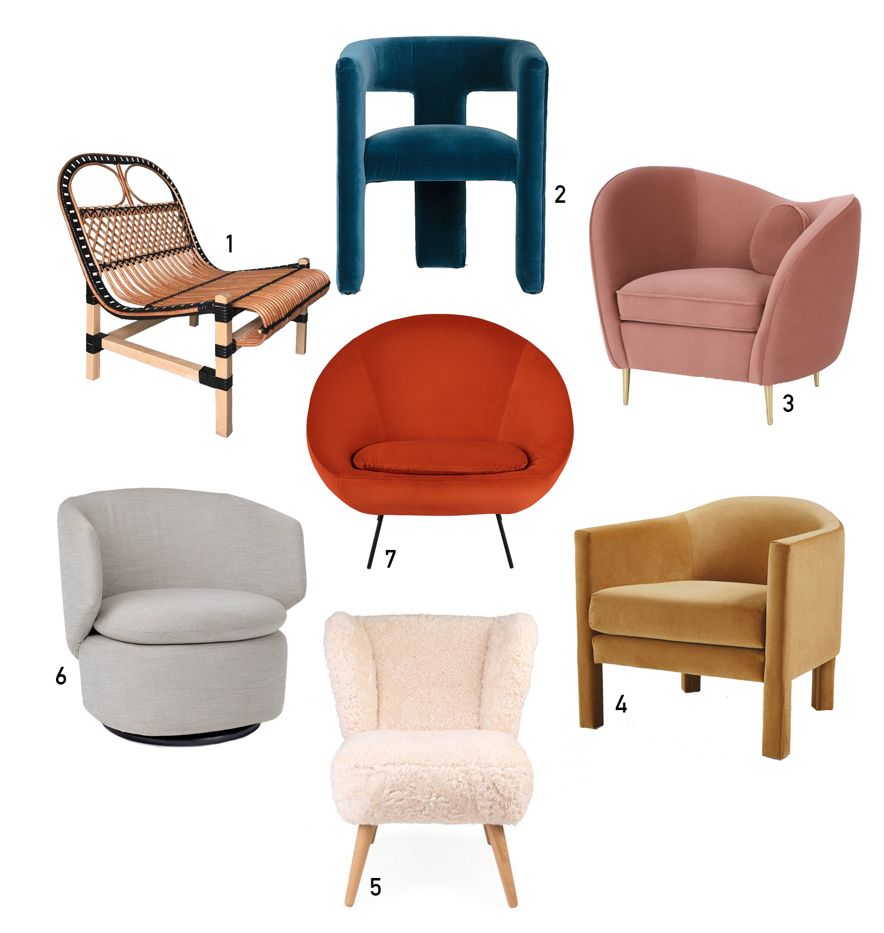 statement armchairs in mixed colours and materials